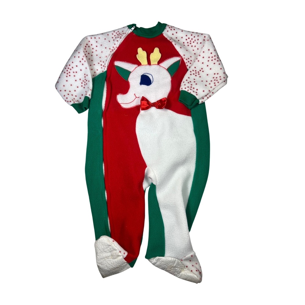 Vintage‎ Kessler Reindeer Fleece Footed Pajamas Sleeper 18 Months Green